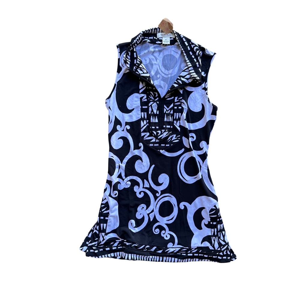 White House Black Market Sleeveless Tunic Top Black White Scroll Print XS